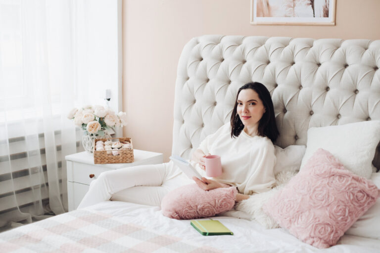 a girl setting on a bed and show Bedding Style Trends 2025 From Luxury to Boho & Modern Duvet Covers