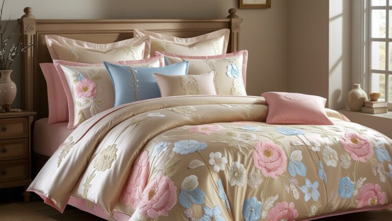 a bed with set of bedding and beautiful linen duvet covers
